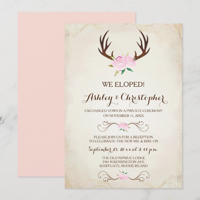 Invitation Mariage Rose Rustique Bois de Cerf (Devant / Derrière)