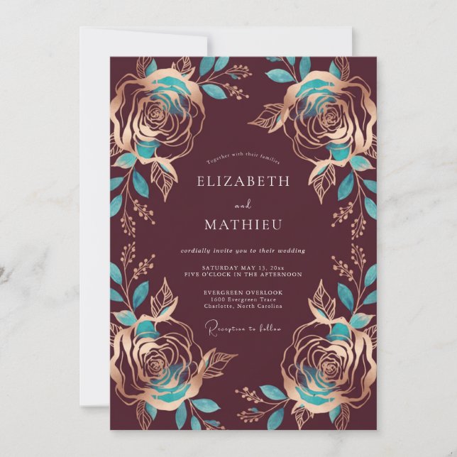 Invitation Mariage Rose sarcelle Bourgogne (Devant)