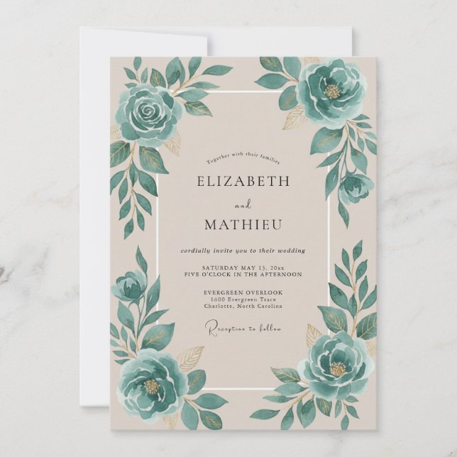 Invitation Mariage Rose sarcelle Champagne (Devant)