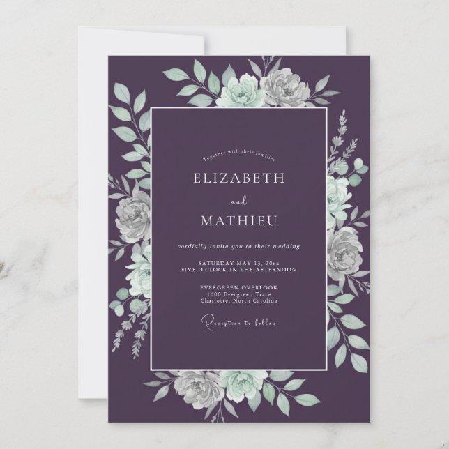 Invitation Mariage Rose Sauge Aubergine (Devant)