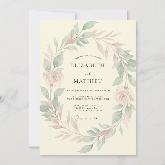 Invitation Mariage Rose Sauge Rougeâtre (Devant)