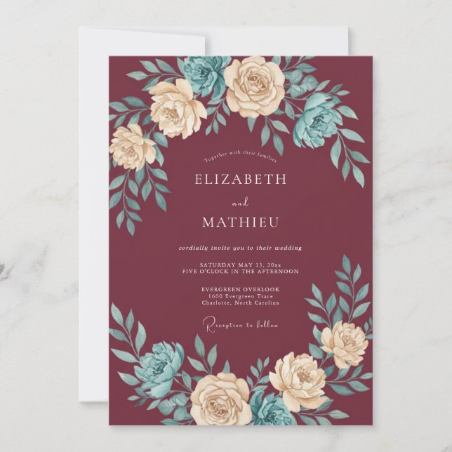 Invitation Mariage Rose Sépia de Bourgogne Orné (Devant)