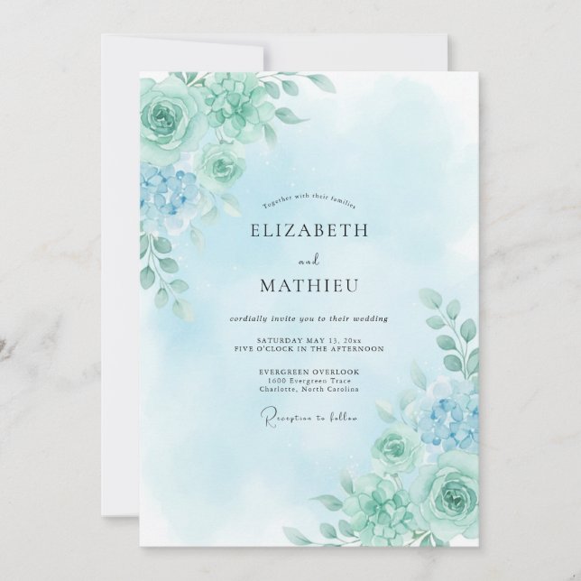 Invitation Mariage Rose Sérène Vert Mousse de Mer (Devant)