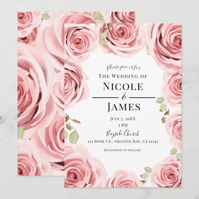 Invitation Mariage Rose Shabby Chic Fleurs Roses Rustique Gla (Devant / Derrière)