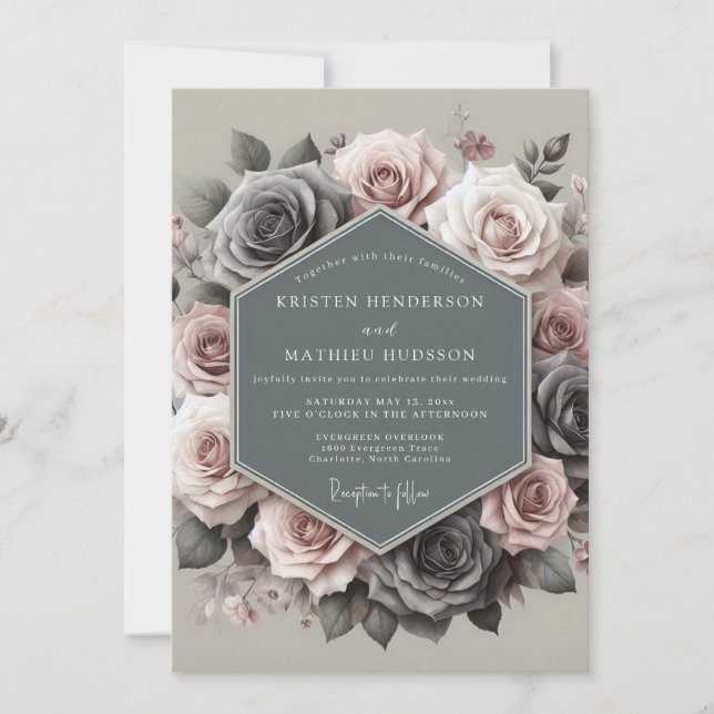 Invitation Mariage Rose Sombre Ardoise & Mauve (Devant)
