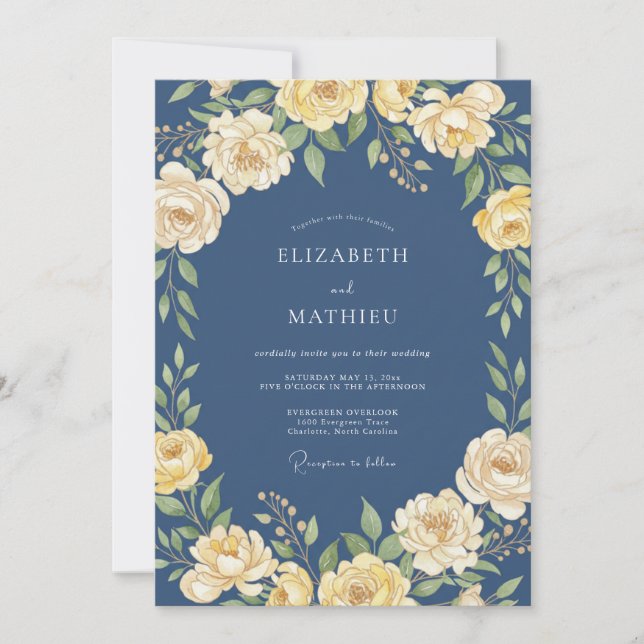 Invitation Mariage Rose Sophistiqué Bleu Marine (Devant)