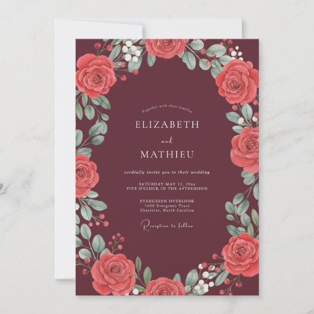 Invitation Mariage Rose Sophistiqué Bourgogne (Devant)