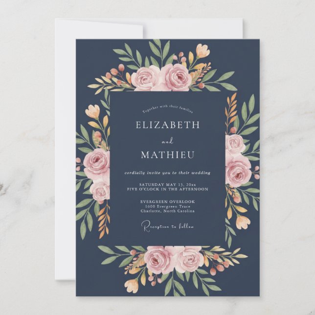 Invitation Mariage Rose Statuaire Bleu Marine (Devant)