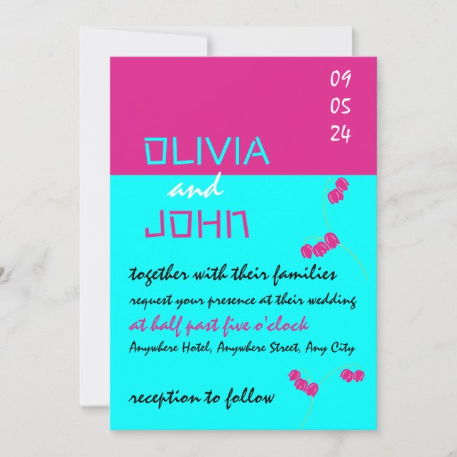Invitation Mariage rose turquoise (Devant)