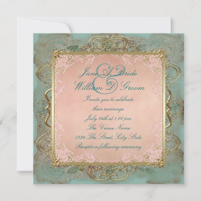 Invitation Mariage rose Turquoise bleu et or Vintage (Devant)