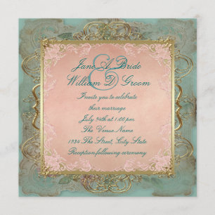 Invitation Mariage rose Turquoise bleu et or Vintage