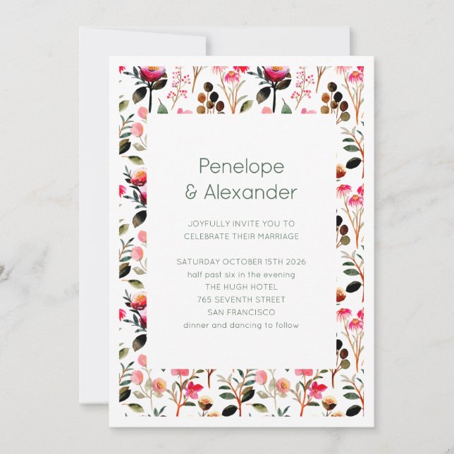 Invitation Mariage Rose Vert Bohème Floral Jardin Chic Printe (Devant)