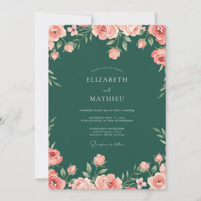 Invitation Mariage Rose Verte Émeraude Luxuriante (Devant)