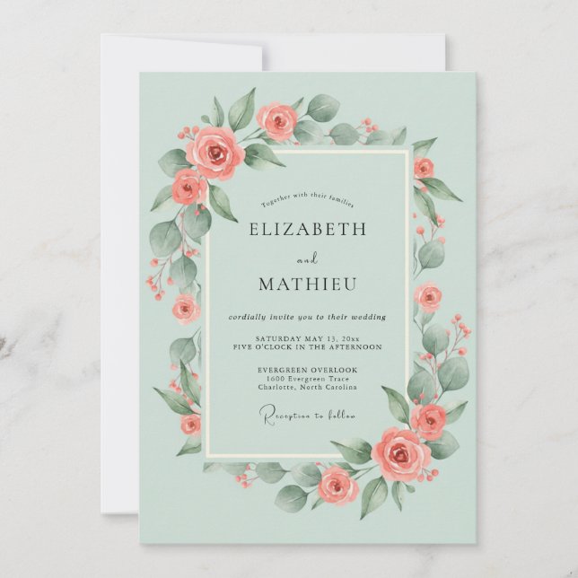 Invitation Mariage Rose Verte Sage (Devant)