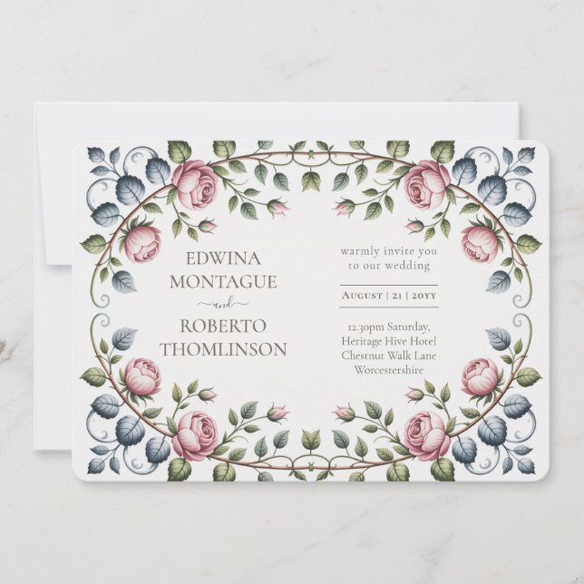 Invitation Mariage Rose Victorienne Horizontale Héritage (Devant)