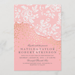 Invitation Mariage rose vintage Lace Gold Confetti