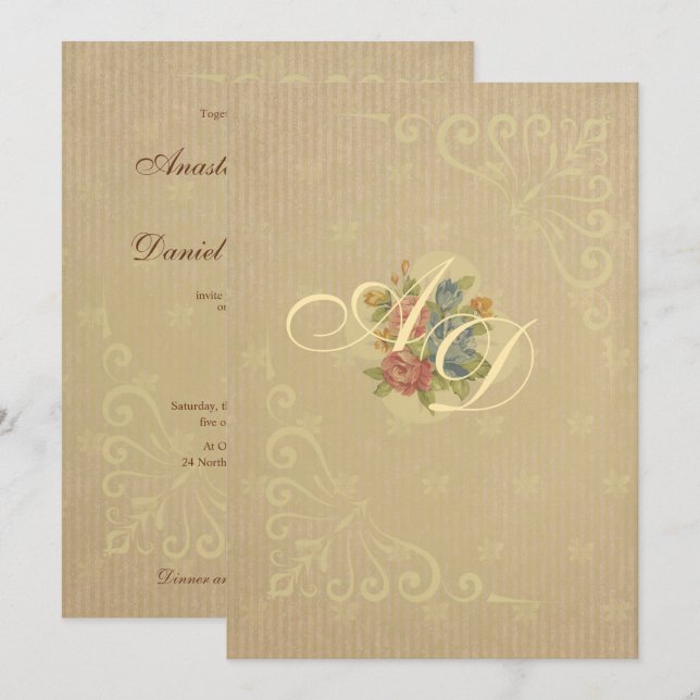 Invitation Mariage rose vintage pastel rose pastel (Devant / Derrière)