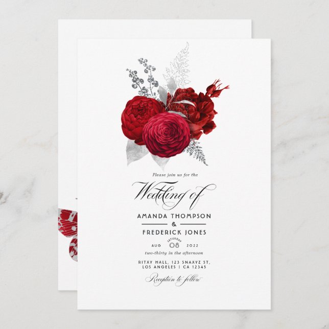 Invitation Mariage Rose Vintage rouge et argent Photo (Devant / Derrière)