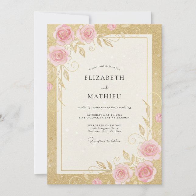 Invitation Mariage Rosebud Rose Pink Or (Devant)