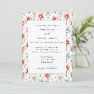 Invitation Mariage Roses Bleues Rouges Clés Dorées