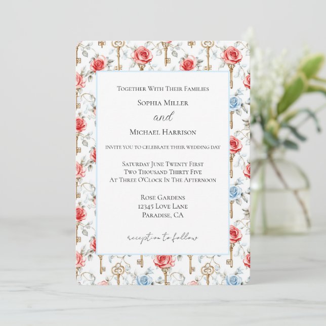 Invitation Mariage Roses Bleues Rouges Clés Dorées (Debout devant)