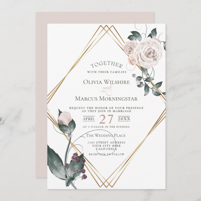Invitation Mariage | Roses d'aquarelle rose pâle à cadre or (Devant / Derrière)