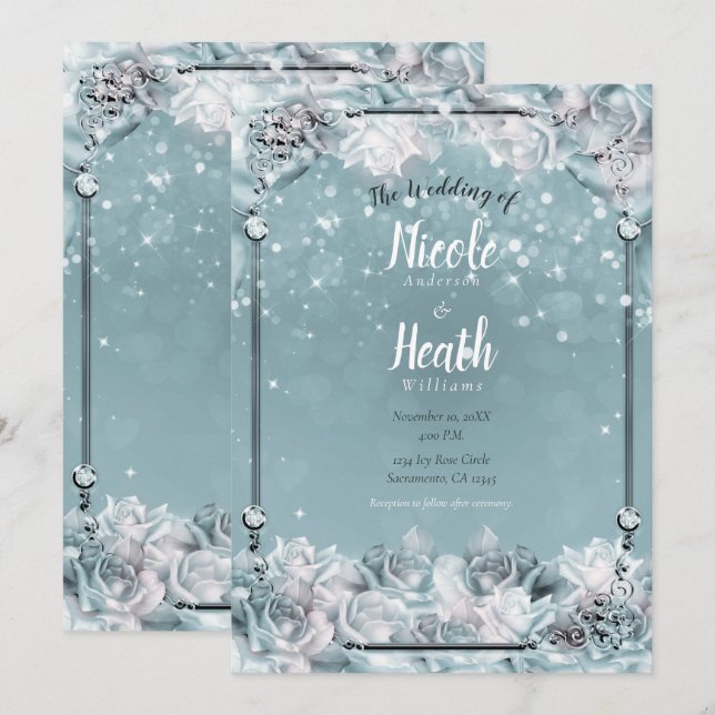 Invitation Mariage Roses d'Hiver Enchantées Argent Blanc Sarc (Devant / Derrière)