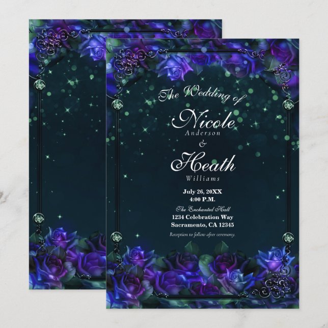 Invitation Mariage Roses Enchantées de Jardin Violet Vert Lum (Devant / Derrière)