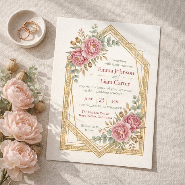 Invitation Mariage Roses & Eucalyptus Aquarelle Rose Clair (Elegant Blush Floral Watercolor Roses & Eucalyptus Wedding Invitation)