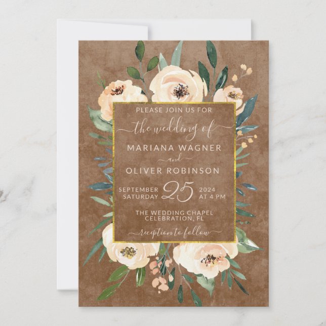 Invitation Mariage Roses Fuschées Beige Brun Or (Devant)