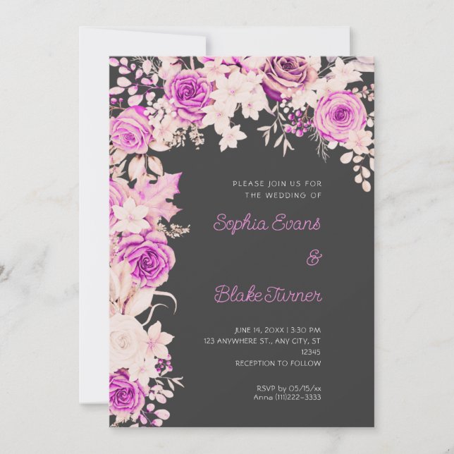 Invitation Mariage Roses Roses Blanches et Roses ombrées Gris (Devant)