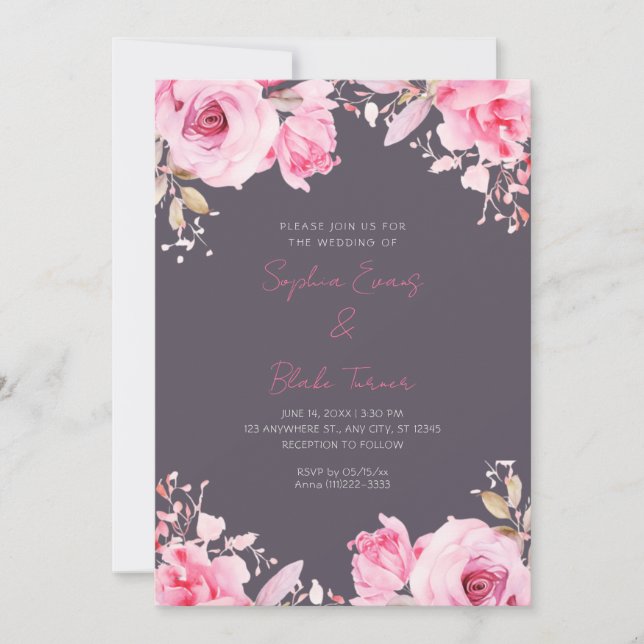 Invitation Mariage Roses Roses Fumées Grises d'Été (Devant)