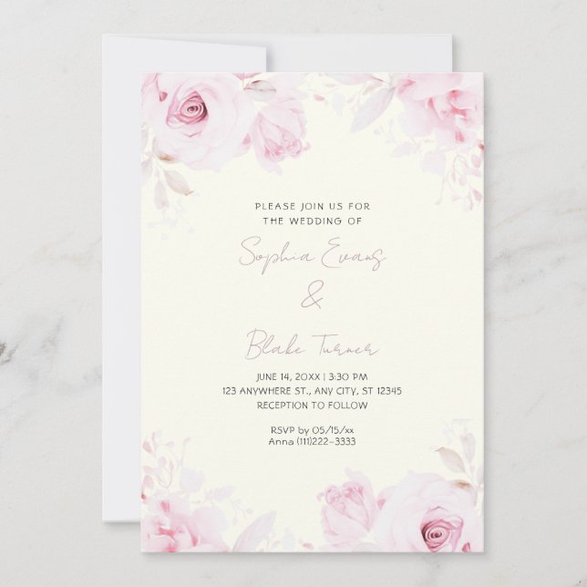 Invitation Mariage Roses Roses Pink Été Jaune Clair (Devant)