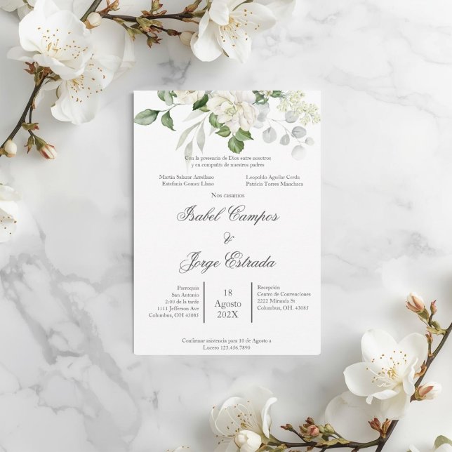 Invitation Mariage Rosier Blanc Feuillage (Créateur téléchargé)