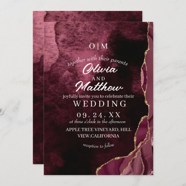 Invitation Mariage rouge Agate et Mariage d'aquarelle or (Devant / Derrière)