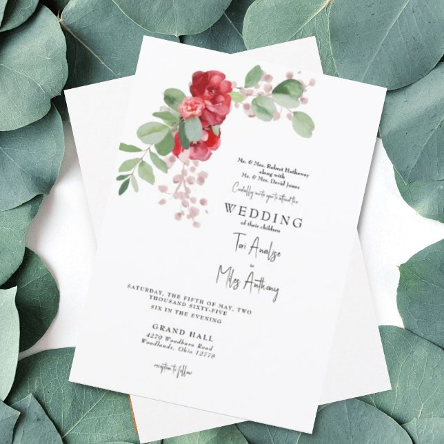 Invitation Mariage Rouge & Blush Floral Eucalyptus Deux Paren (Créateur téléchargé)