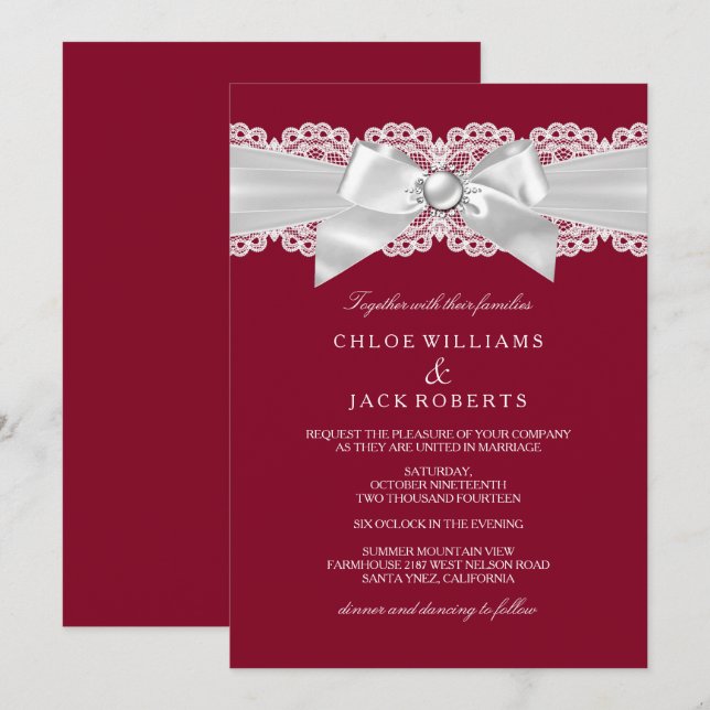 Invitation Mariage Rouge Bourgogne Blanc Perle Nœud Mariage (Devant / Derrière)