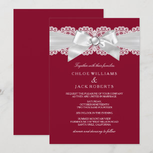 Invitation Mariage Rouge Bourgogne Blanc Perle Nœud Mariage