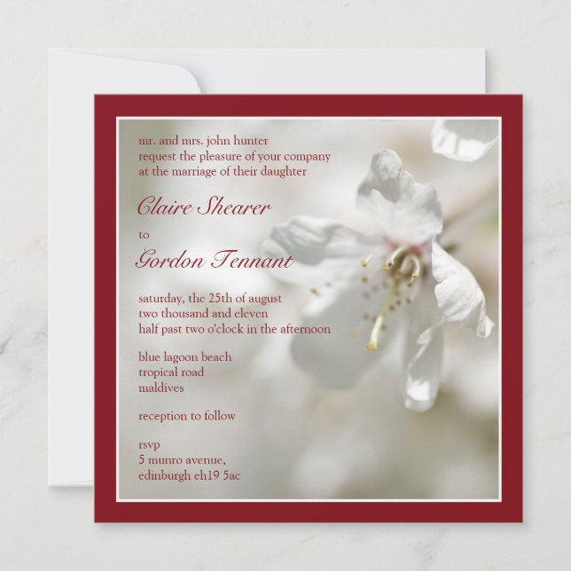 Invitation Mariage rouge cerisier en fleurs (Devant)