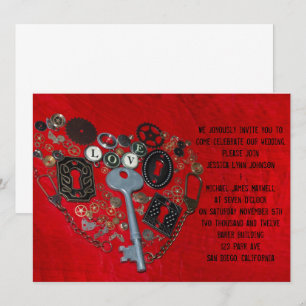 Invitation Mariage rouge de coeur de Steampunk