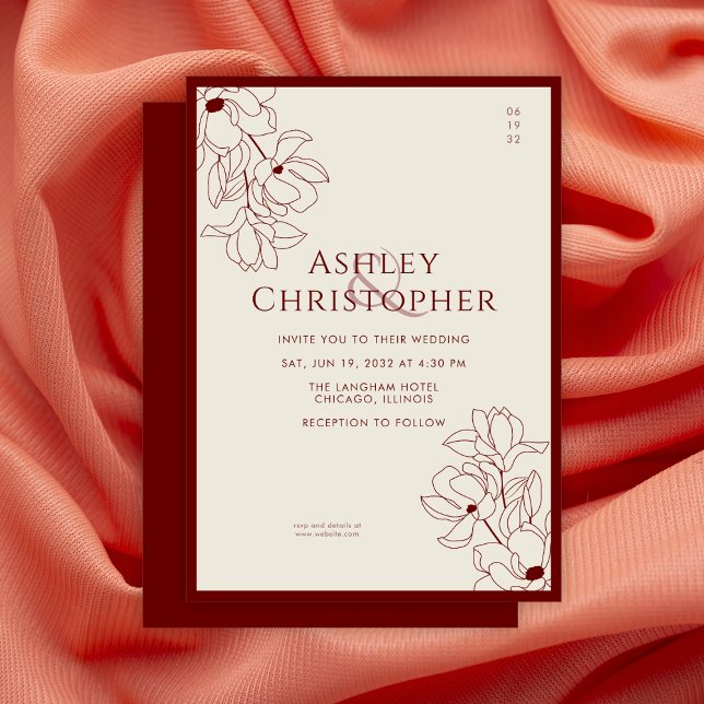 Invitation Mariage rouge de Crimson floral tiré moderne (Créateur téléchargé)