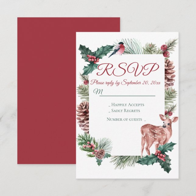 Invitation Mariage rouge de Noël de la floraison des cerfs (Devant / Derrière)