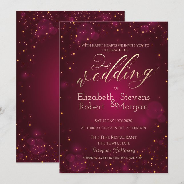 Invitation Mariage Rouge Élégant Simple Confettis (Devant / Derrière)