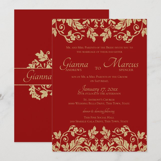 Invitation Mariage rouge et or Damask Emblem (Devant / Derrière)