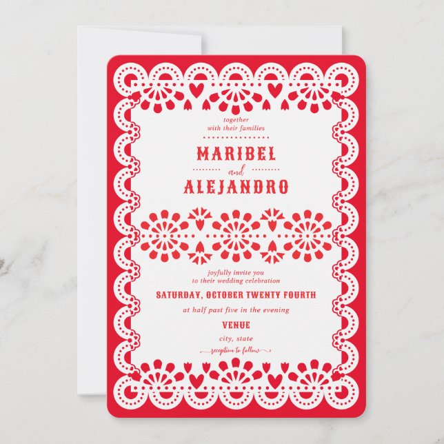 Invitation Mariage rouge floral du Mexique Papel Picado (Devant)