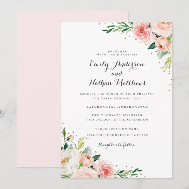 Invitation Mariage Rouge Floral Or (Devant / Derrière)