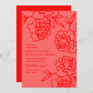 Invitation Mariage rouge moderne de pivoines écrites au