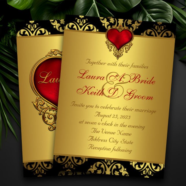 Invitation Mariage Rouge Noir Or Cœur (Elegant red black and gold wedding invitation with beautiful red and gold heart.)