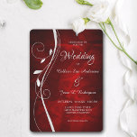 Invitation Mariage rouge profond à feuilles d'argent<br><div class="desc">Cette belle faire-part de mariage dans les tons argent et rouge profond donnera un sens de l'élégance à votre mariage ! L'avant gauche est ornée d'un gracieux tourbillon argenté orné de quelques feuilles. Votre texte mariage est en argent à droite de l'image. Tout est placé sur un arrière - plan...</div>