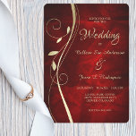 Invitation Mariage rouge profond à la feuille d'or<br><div class="desc">Cette belle faire-part de mariage dans les tons or et rouge donnera un sens de l'élégance à votre mariage ! L'avant gauche est ornée d'un tourbillon doré gracieux orné de quelques feuilles. Votre texte mariage est en or correspondant à droite de l'image. Tout est placé sur un arrière - plan...</div>